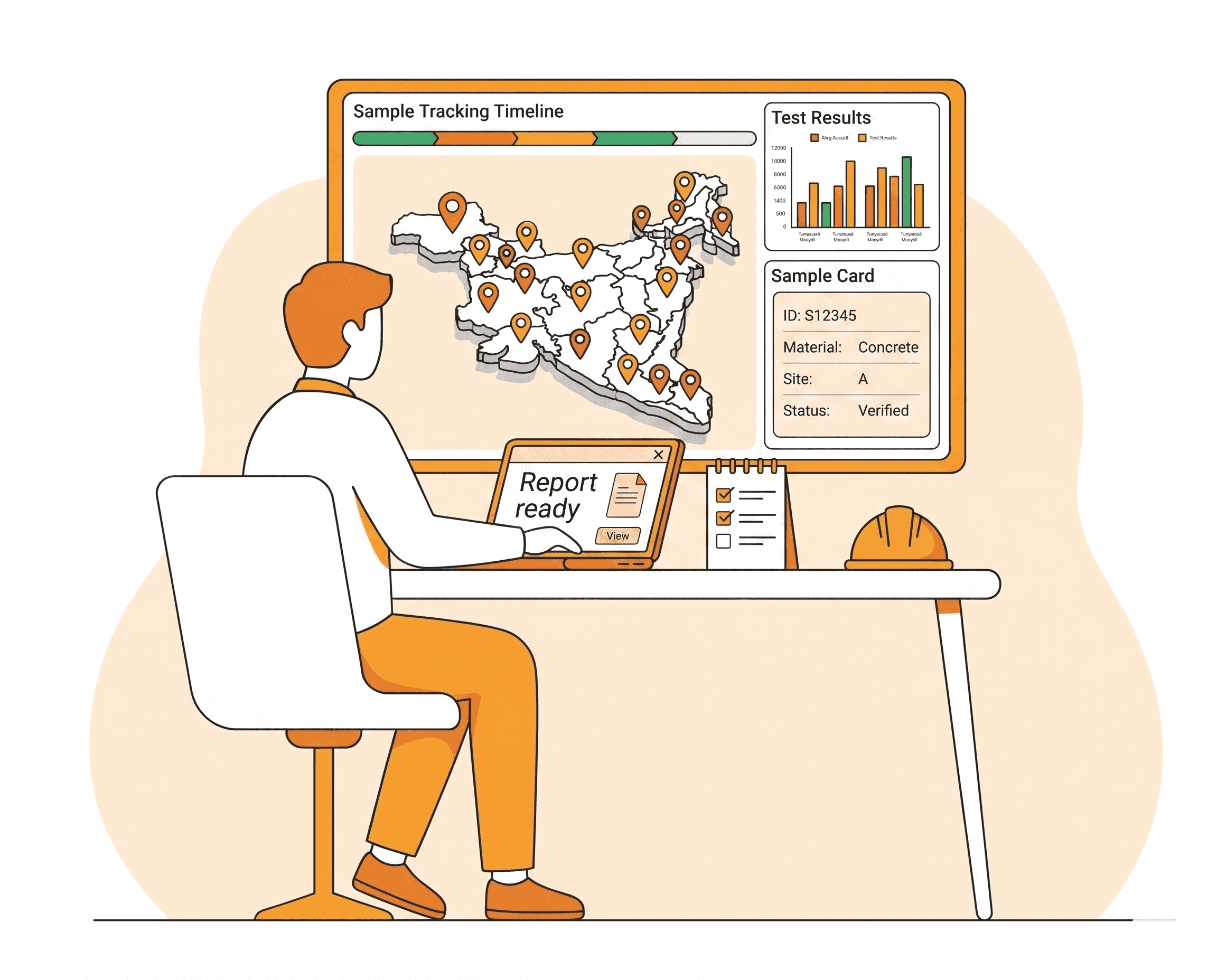 Illustration of a professional monitoring sample tracking, test results, and material verification on a dashboard
